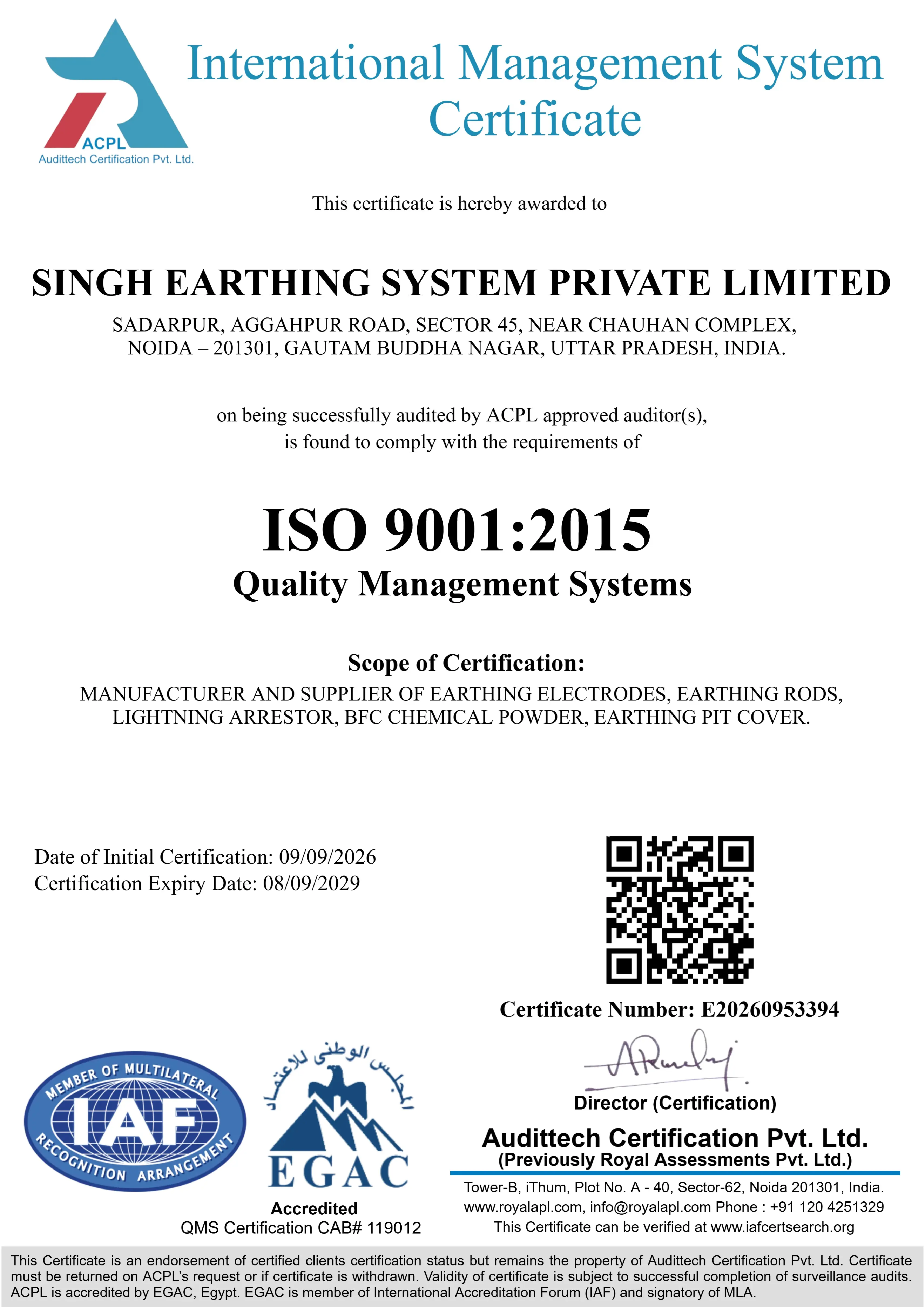 Singh Earthing System ISO Certificate